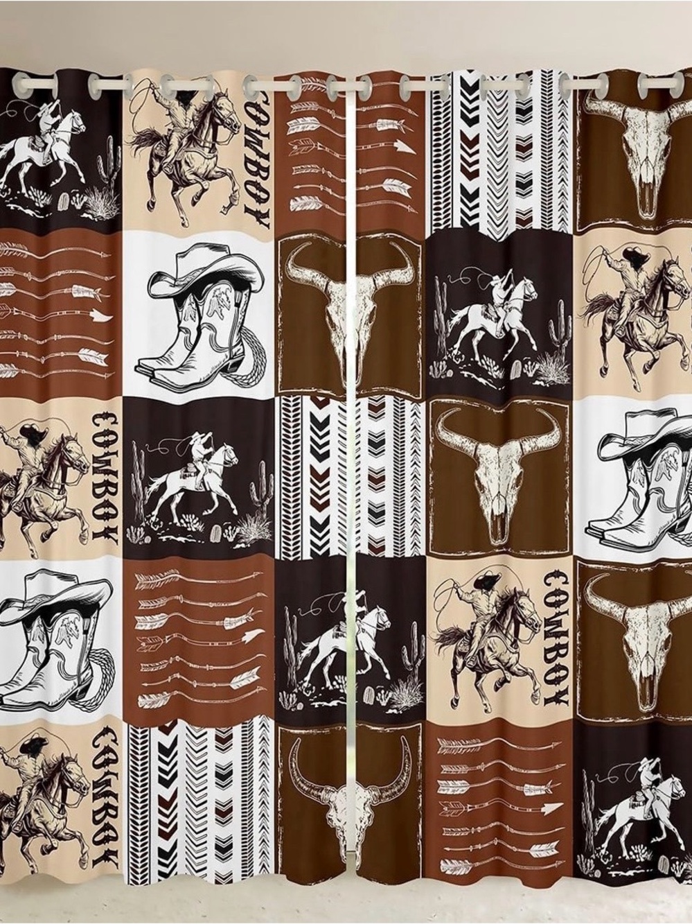 Cowboy Themed Curtains Size 42x63 inch ~ bull skull horse arrow aztec boots hat